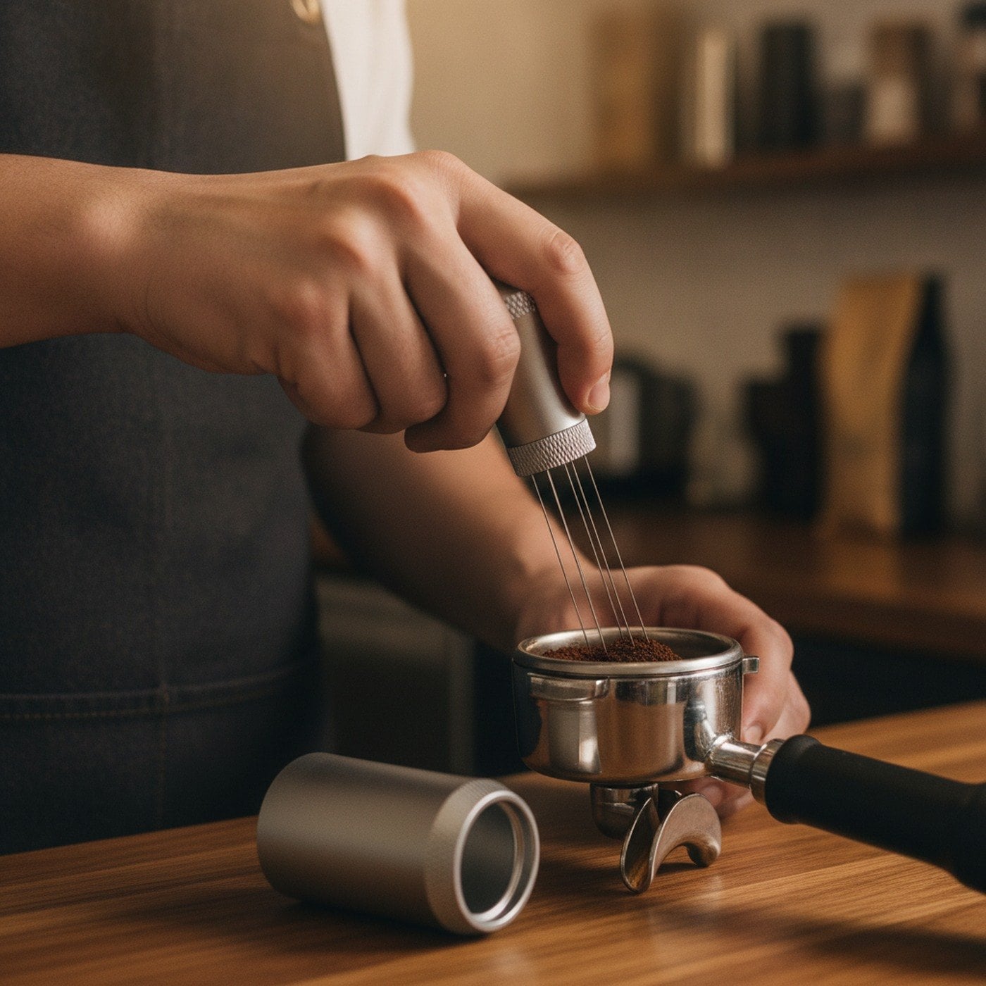 Barista usando el distribuidor WDT Volveme para nivelar el café en el portafiltro